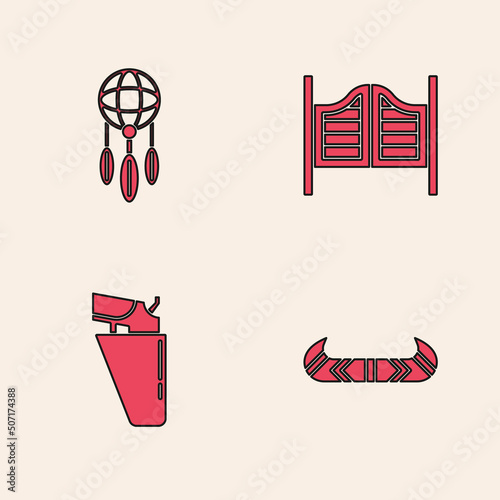 Set Kayak or canoe and paddle, Dream catcher with feathers, Saloon door and Revolver gun in holster icon. Vector