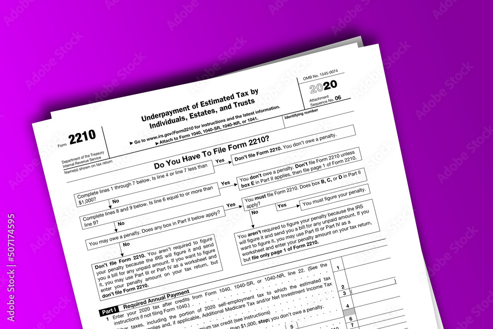 Form 2210 documentation published IRS USA 44441. American tax document on colored Form 2210 documentation published IRS USA 44441. American tax document on colored