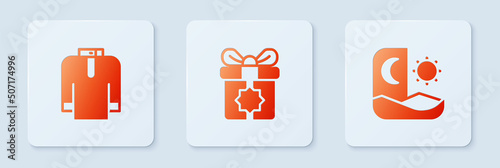 Set Gift box, Shirt kurta and Ramadan fasting. White square button. Vector