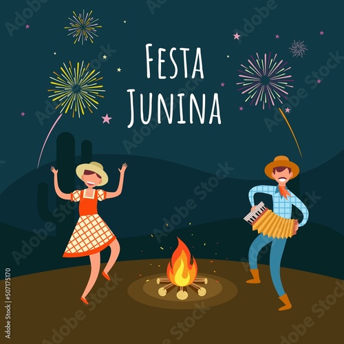 Vector illustration, young man playing the accordion and dancing girl, with bonfire and fireworks, as banner or poster for Festa Junina, or June Festival. photo