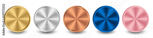 Collection of gold, silver, bronze, blue metal, and pink metal radial metallic gradient. Plates with gold, silver, bronze metallic effect. Vector illustration