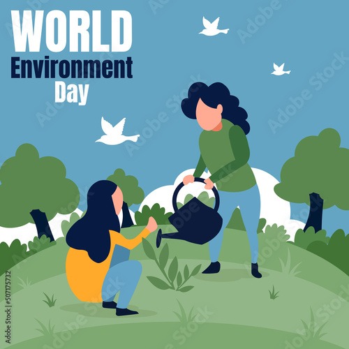 illustration vector graphic of two women are watering plants in the garden, showing a flock of birds flying, perfect for world environment day, botany, agriculture, celebrate, greeting card, etc.