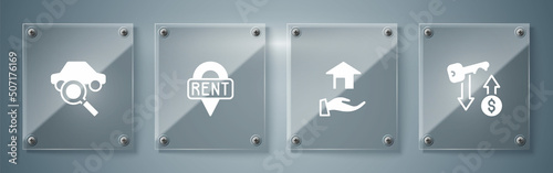 Set Rent key, Realtor, Location and Car sharing. Square glass panels. Vector