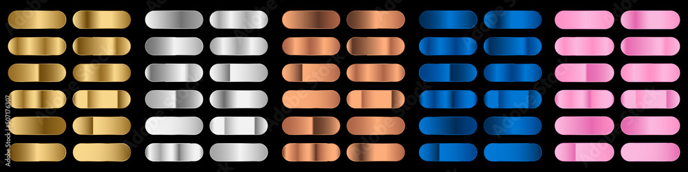 Metal gradient set. Gold, silver, bronze colorful collection. Gradient background template. Elegant metallic gradient. Shiny rose gold, silver and bronze medals gradients. Vector illustration