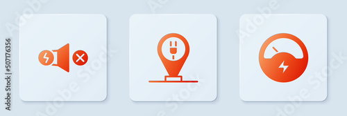 Set Charging parking electric car, Electric motor and Voltmeter. White square button. Vector