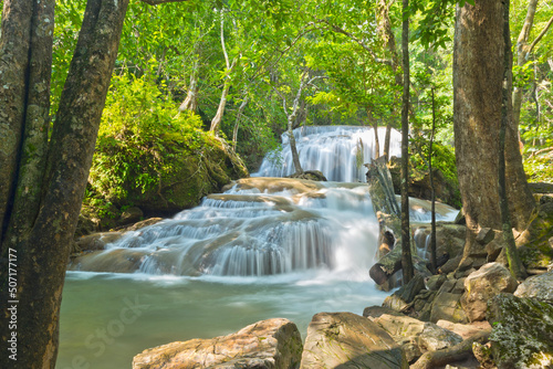 beautiful waterfall, forest background, landscape 