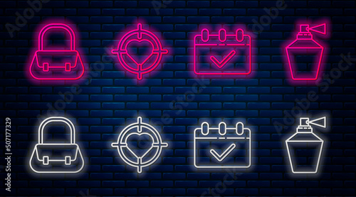 Set line Heart in the center of target aim, Calendar with 8 March, Handbag and Perfume. Glowing neon icon on brick wall. Vector