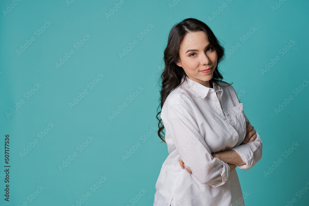 european woman on blue background, portrait girl
european woman on blue background, portrait girl