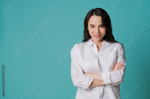 european woman on blue background, portrait girl 