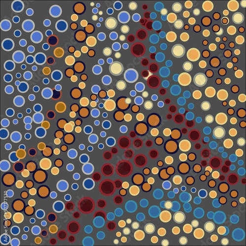 Abstract illustration featuring blue, yellow and red dots in a landscape-like configuration.