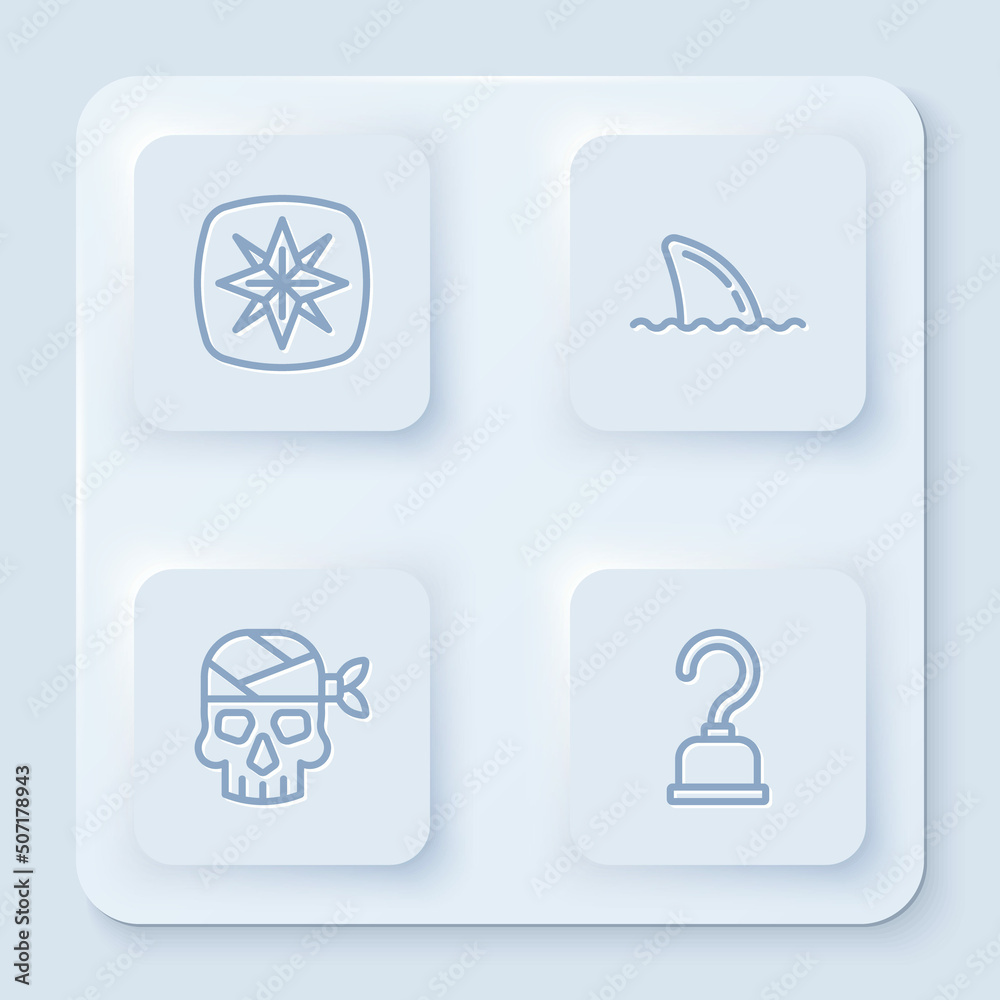 Set line Wind rose, Shark fin ocean wave, Pirate captain and hook. White square button. Vector Set line Wind rose, Shark fin ocean wave, Pirate captain and hook. White square button. Vector