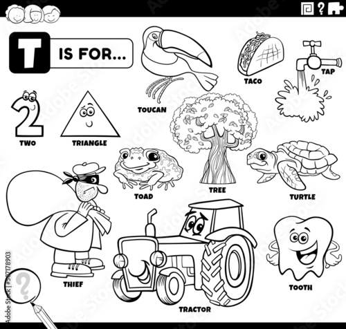 letter t words educational set coloring book page