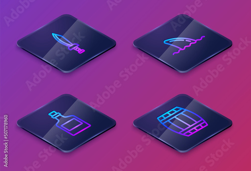 Set Isometric line Pirate sword, Alcohol drink Rum, Shark fin ocean wave and Wooden barrel. Blue square button. Vector