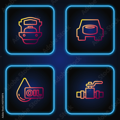 Set line Metallic pipes and valve, Oil drop, tanker ship and Spare wheel in the car. Gradient color icons. Vector