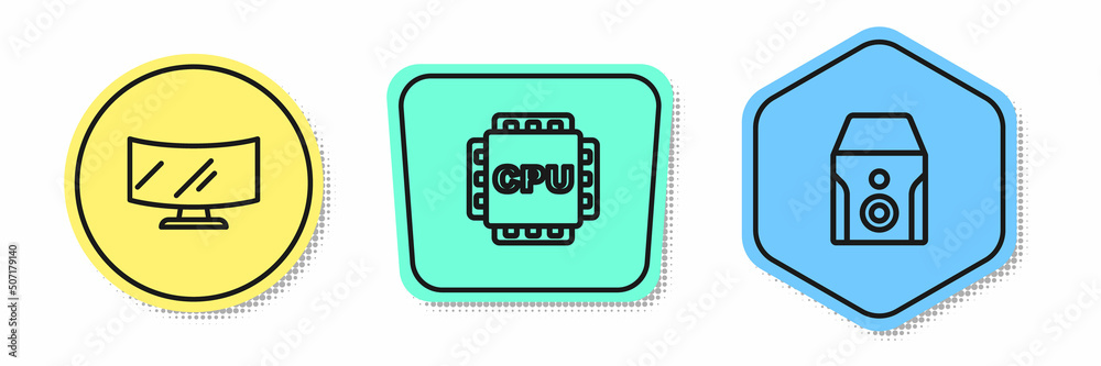 Set line Computer monitor screen, Processor with CPU and Uninterruptible power supply. Colored shapes. Vector Set line Computer monitor screen, Processor with CPU and Uninterruptible power supply. Colored shapes. Vector