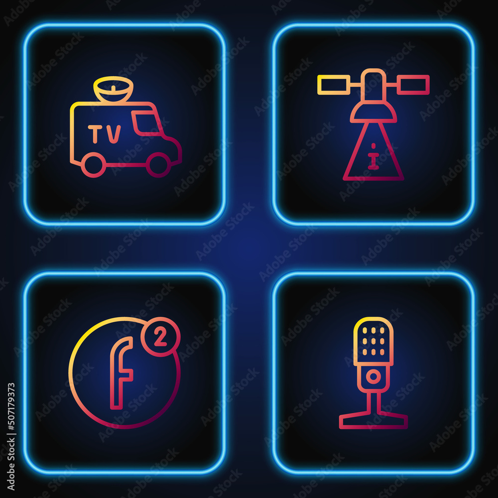 Set line Microphone, Create account, TV News car and Satellite. Gradient color icons. Vector