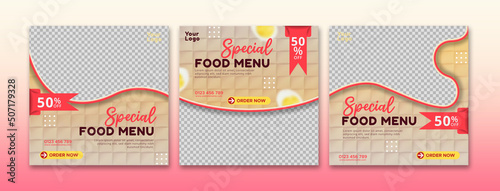 Special food menu social media template promotion and banner post collection. Set of editable square banner template.