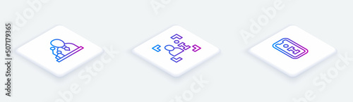Set Isometric line Breaking news, Television report and Information. White square button. Vector