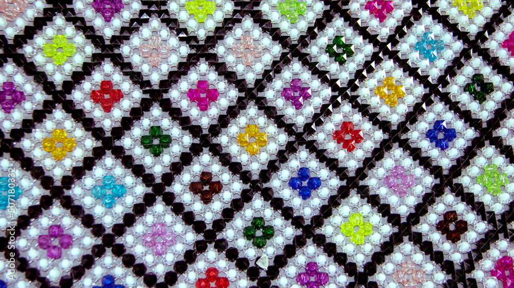 Colorful square bead pattern. Beautifully arranged beads with many colors. Beads arrangements.
