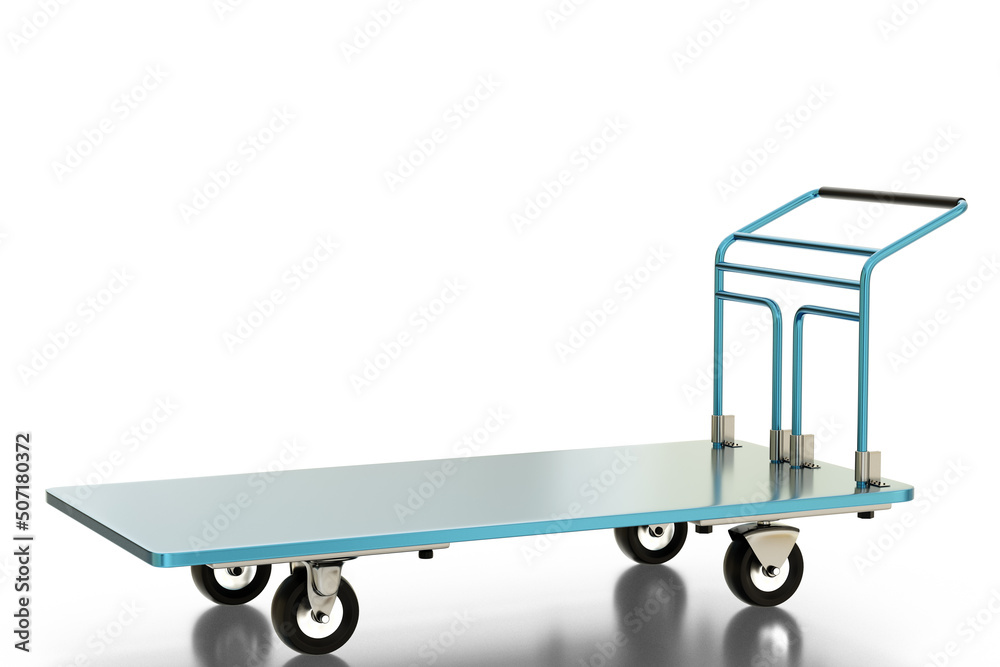 Empty cargo cart. Visualization of four-wheeled cargo trolley. Large trolley  for industrial company. Trolley for loading or unloading. Steel warehouse  cart isolated on white. 3d rendering. Stock-Illustration | Adobe Stock