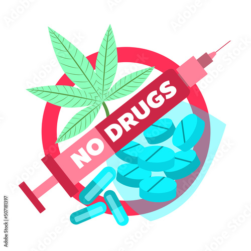 Flat logo. Anti drug concepts like marijuana, methamphetamine, heroin, alcohol. All of these are bad for your health. cause crime.