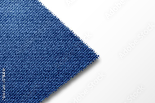 Realistic piece of rough blue jeans fabric on white background