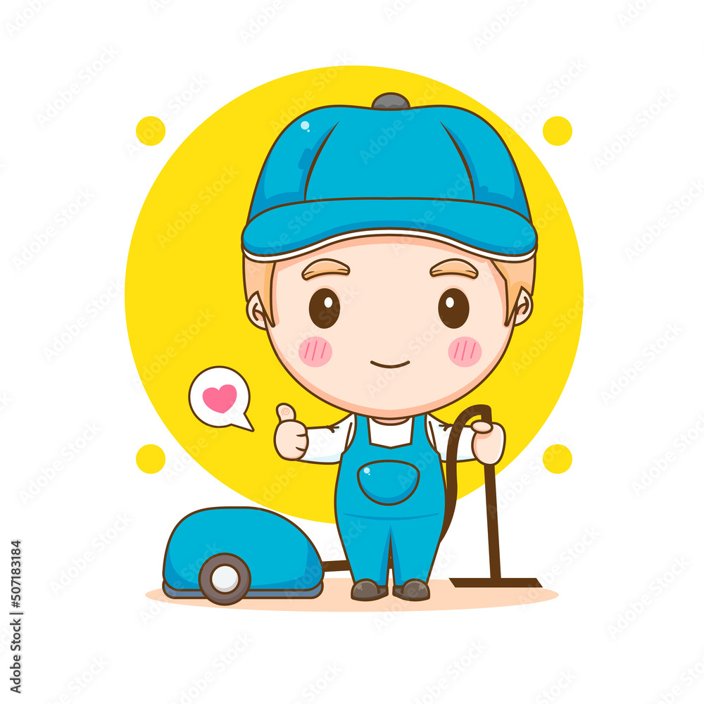 Cleaning service. Man dressed in uniform on isolated background. Vector art illustration in a flat style Cleaning service. Man dressed in uniform on isolated background. Vector art illustration in a flat style