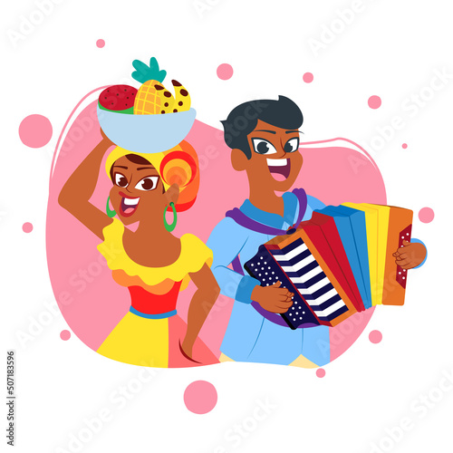 Palenquera and man playing an accordion Vector illustration