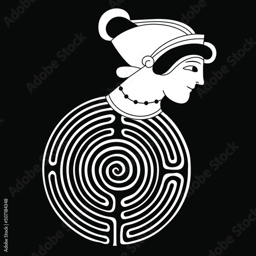 Round spiral maze or labyrinth symbol with female head of ancient Greek woman. Ariadne. Creative concept. Black and white silhouette. 