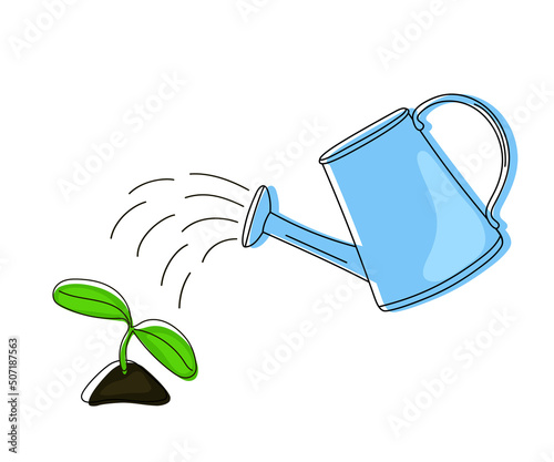 Vector illustration of a hand drawn green plant and a blue watering can isolated on a white background.