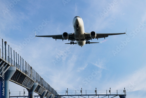 plane in the air about to land at Lanzarote airport