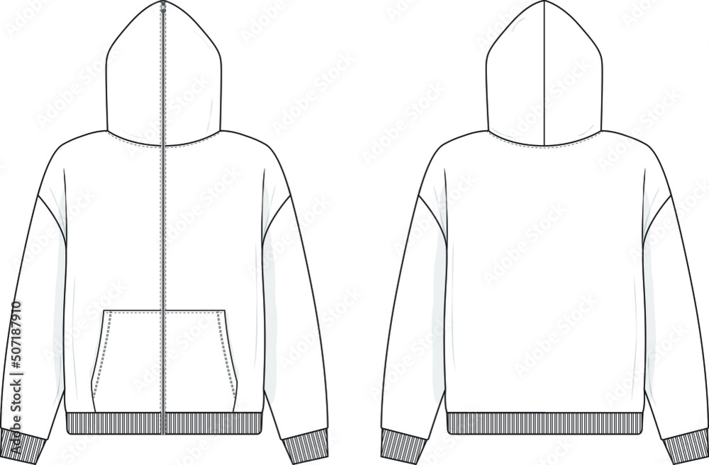 Full zip hoodie sweatshirt flat technical drawing illustration mock-up ...
