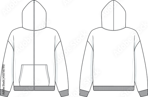 Full zip hoodie sweatshirt flat technical drawing illustration mock-up template for design and tech packs men or unisex fashion CAD streetwear.	
