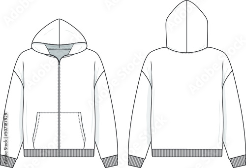 Open full zip hoodie sweatshirt flat technical drawing illustration mock-up template for design and tech packs men or unisex fashion CAD streetwear women.	
