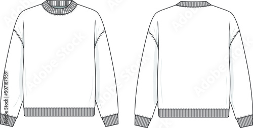 Crewneck sweatshirt flat technical drawing illustration mock-up template for design and tech packs men or unisex fashion CAD streetwear women mock neck.
 photo