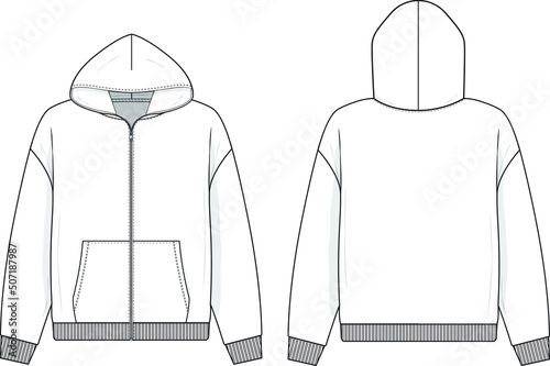 Zip up hoodie sweatshirt flat technical drawing illustration mock-up template for design and tech packs men or unisex fashion CAD streetwear women.	
