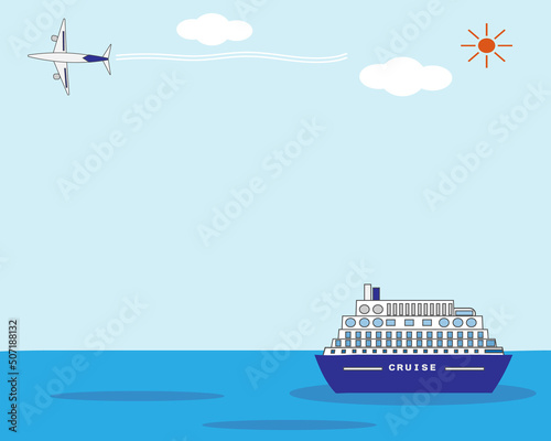 晴れの日に海の上をクルーズ船が後悔していて空には飛行機が飛んでいる風景イラスト・夏・豪華客船