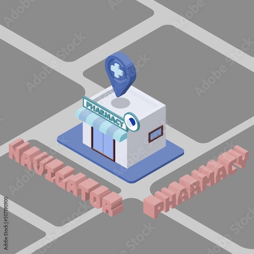 薬局の場所を示すナビゲーションをテーマとしたアイソメトリックなイラスト.