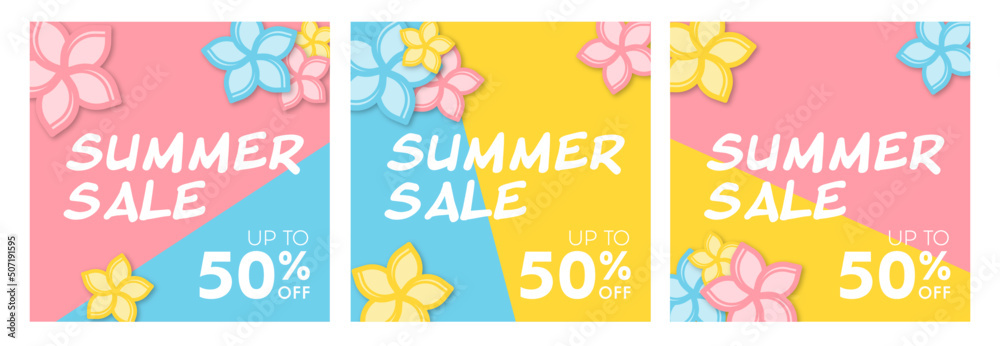 Fototapeta premium Summer sale banner vector set. Pastel flower designs. Sale advertising artwork material. Blue, yellow, pink pastel color colours.
