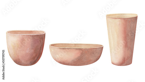 Red ceramic pot, bowl, plate, cup isolated on white background. Watercolor hand drawn illustration. Art for design