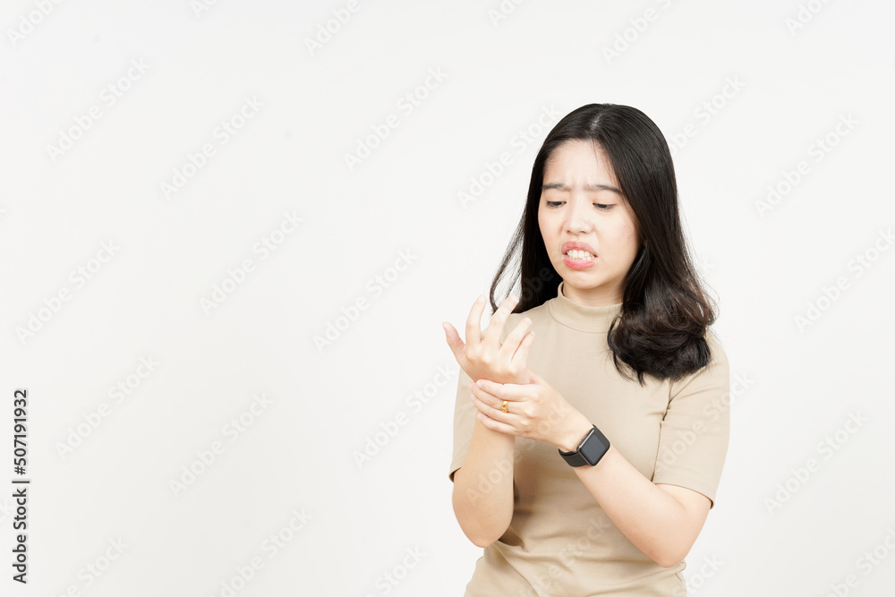 Suffering pain on hands Of Beautiful Asian Woman Isolated On White Background Suffering pain on hands Of Beautiful Asian Woman Isolated On White Background