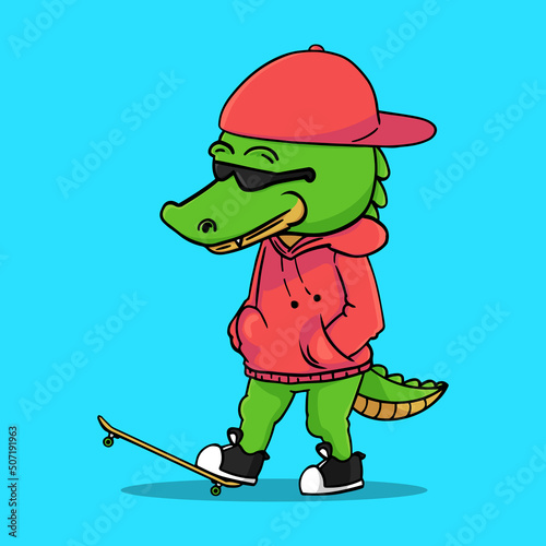 crocodile vector design with skate board
