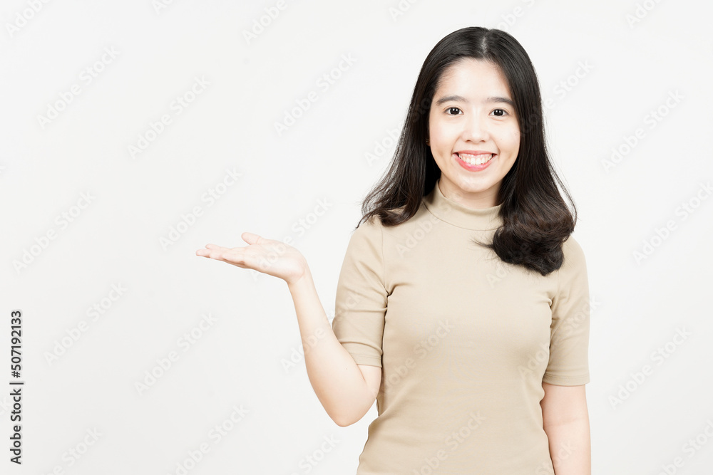 Showing and Presenting Product on Open Palm Of Beautiful Asian Woman Isolated On White Background Showing and Presenting Product on Open Palm Of Beautiful Asian Woman Isolated On White Background
