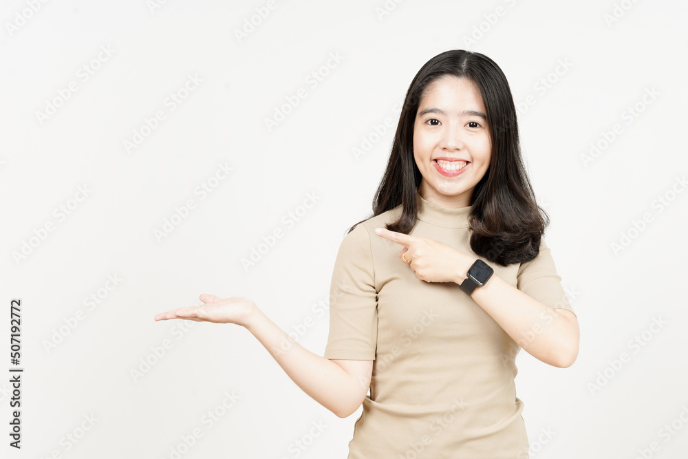Showing and Presenting Product on Open Palm Of Beautiful Asian Woman Isolated On White Background Showing and Presenting Product on Open Palm Of Beautiful Asian Woman Isolated On White Background