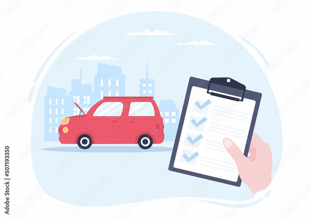 Car Inspection of The Station Detects Faults, Draws up a Checklist of All Breakdowns, Repair and Analysis Transport in Flat Cartoon Illustration Car Inspection of The Station Detects Faults, Draws up a Checklist of All Breakdowns, Repair and Analysis Transport in Flat Cartoon Illustration