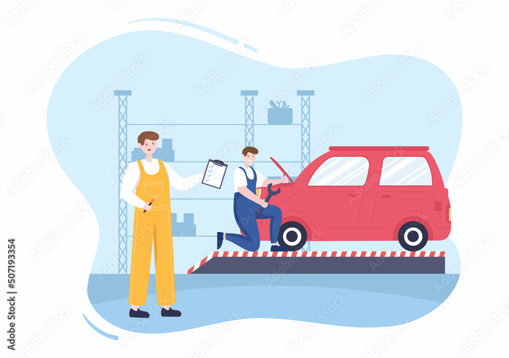 Car Inspection of The Station Detects Faults, Draws up a Checklist of All Breakdowns, Repair and Analysis Transport in Flat Cartoon Illustration Car Inspection of The Station Detects Faults, Draws up a Checklist of All Breakdowns, Repair and Analysis Transport in Flat Cartoon Illustration