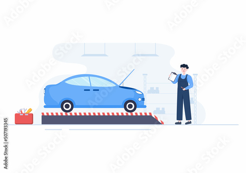 Car Inspection of The Station Detects Faults, Draws up a Checklist of All Breakdowns, Repair and Analysis Transport in Flat Cartoon Illustration