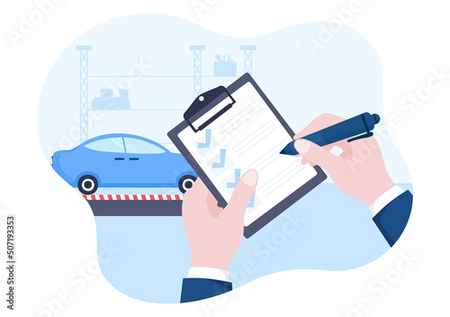 Car Inspection of The Station Detects Faults, Draws up a Checklist of All Breakdowns, Repair and Analysis Transport in Flat Cartoon Illustration