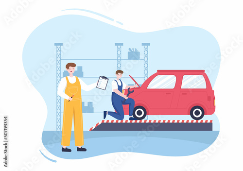 Car Inspection of The Station Detects Faults, Draws up a Checklist of All Breakdowns, Repair and Analysis Transport in Flat Cartoon Illustration © denayune