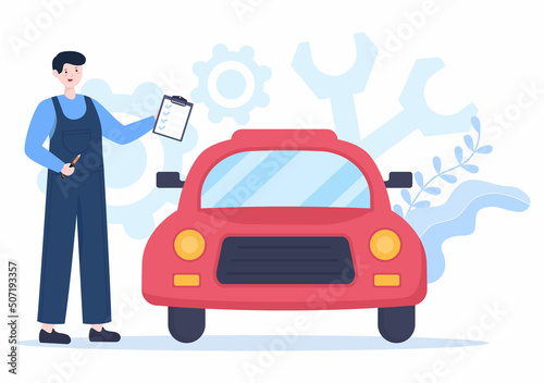 Fototapeta Naklejka Na Ścianę i Meble -  Car Inspection of The Station Detects Faults, Draws up a Checklist of All Breakdowns, Repair and Analysis Transport in Flat Cartoon Illustration